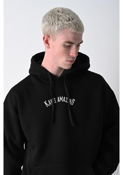 Erkek Siyah Kaws Baskılı Kapüşonlu Oversize Sweatshirt