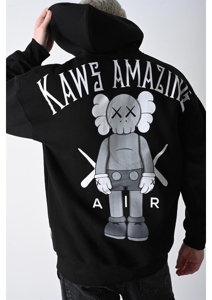 Erkek Siyah Kaws Baskılı Kapüşonlu Oversize Sweatshirt