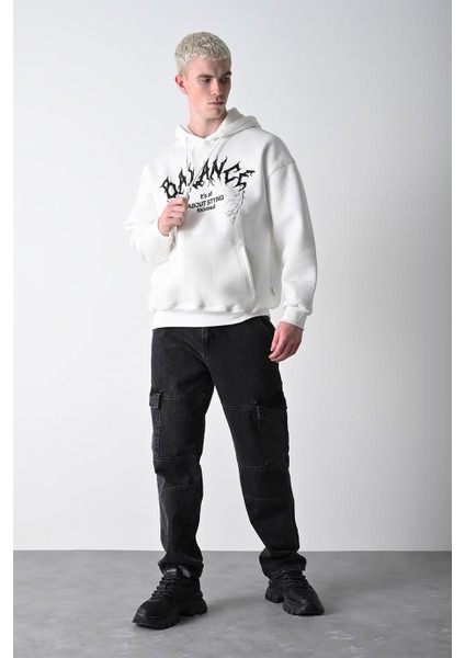 Erkek Beyaz Balance Baskılı Kapüşonlu Oversize Sweatshirt