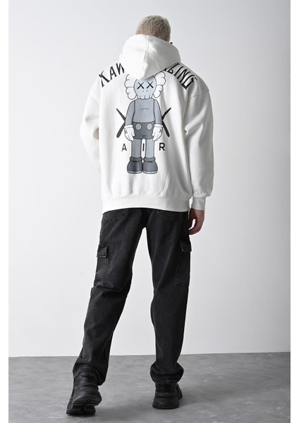 Erkek Beyaz Kaws Baskılı Kapüşonlu Oversize Sweatshirt