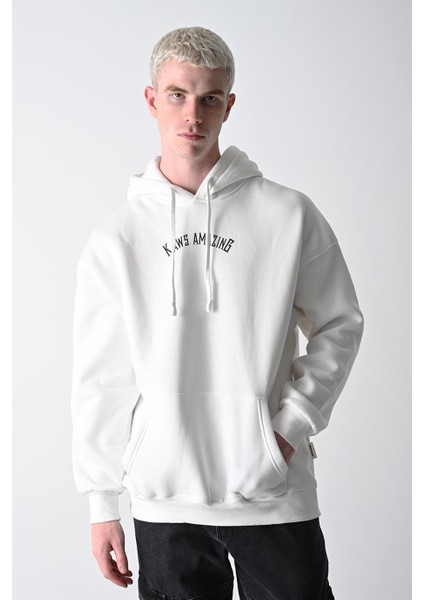 Erkek Beyaz Kaws Baskılı Kapüşonlu Oversize Sweatshirt