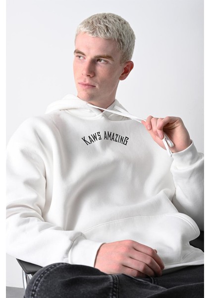 Erkek Beyaz Kaws Baskılı Kapüşonlu Oversize Sweatshirt