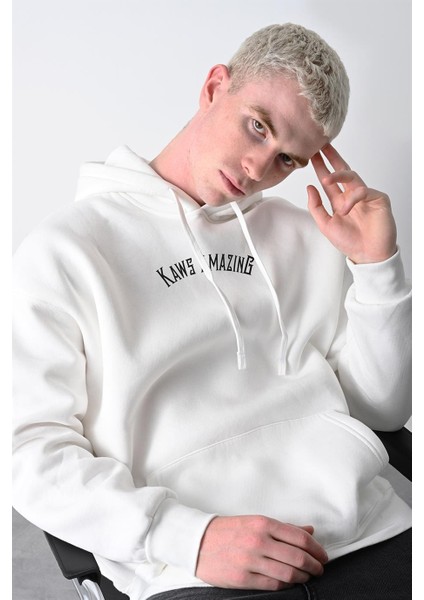 Erkek Beyaz Kaws Baskılı Kapüşonlu Oversize Sweatshirt