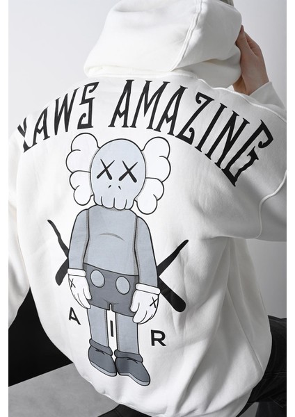 Erkek Beyaz Kaws Baskılı Kapüşonlu Oversize Sweatshirt