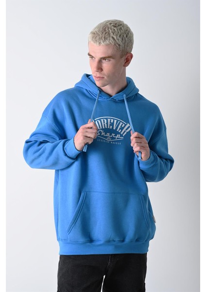 Erkek Mavi Forever Baskılı Kapüşonlu Oversize Sweatshirt