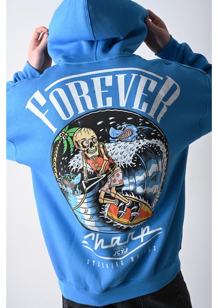 Erkek Mavi Forever Baskılı Kapüşonlu Oversize Sweatshirt