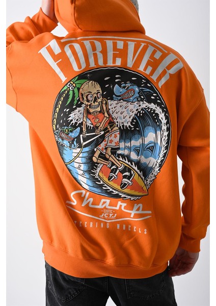 Erkek Turuncu Forever Baskılı Kapüşonlu Oversize Sweatshirt