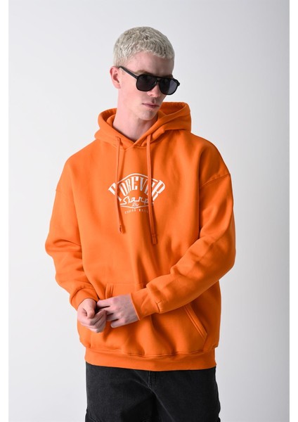 Erkek Turuncu Forever Baskılı Kapüşonlu Oversize Sweatshirt