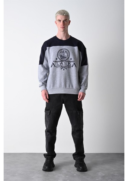 Erkek Gri Alaska Baskı Bisiklet Yaka Oversize Sweatshirt