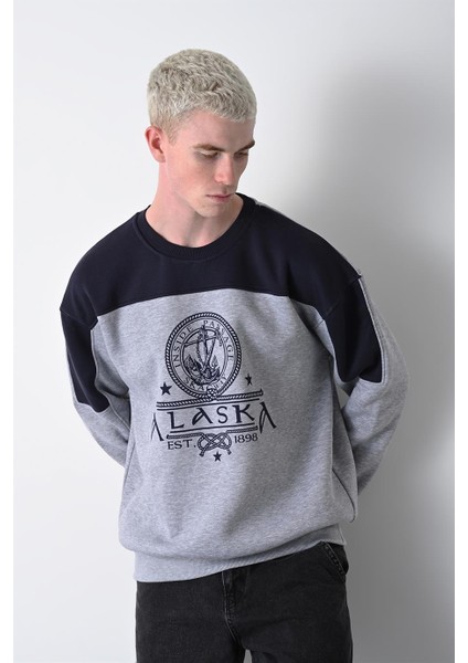 Erkek Gri Alaska Baskı Bisiklet Yaka Oversize Sweatshirt