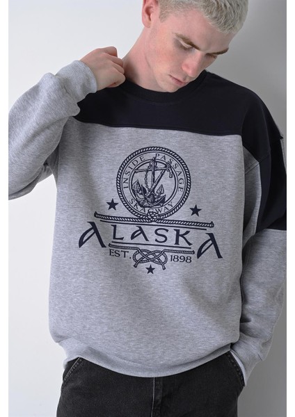 Erkek Gri Alaska Baskı Bisiklet Yaka Oversize Sweatshirt