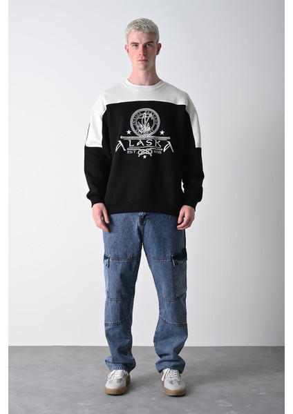 Erkek Siyah Alaska Baskı Bisiklet Yaka Oversize Sweatshirt