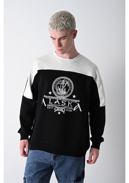 Erkek Siyah Alaska Baskı Bisiklet Yaka Oversize Sweatshirt