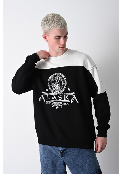 Erkek Siyah Alaska Baskı Bisiklet Yaka Oversize Sweatshirt