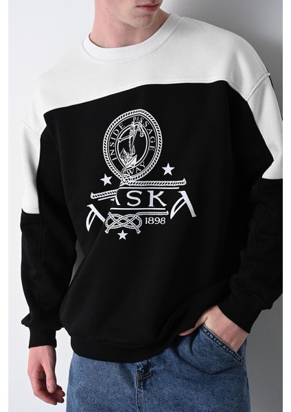 Erkek Siyah Alaska Baskı Bisiklet Yaka Oversize Sweatshirt