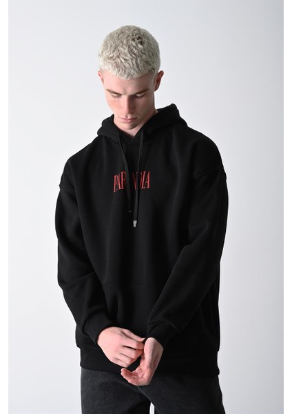 Erkek Siyah Paranoia Baskılı Kapüşonlu Oversize Sweatshirt