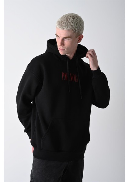 Erkek Siyah Paranoia Baskılı Kapüşonlu Oversize Sweatshirt