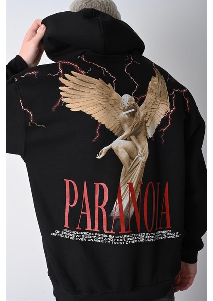 Erkek Siyah Paranoia Baskılı Kapüşonlu Oversize Sweatshirt