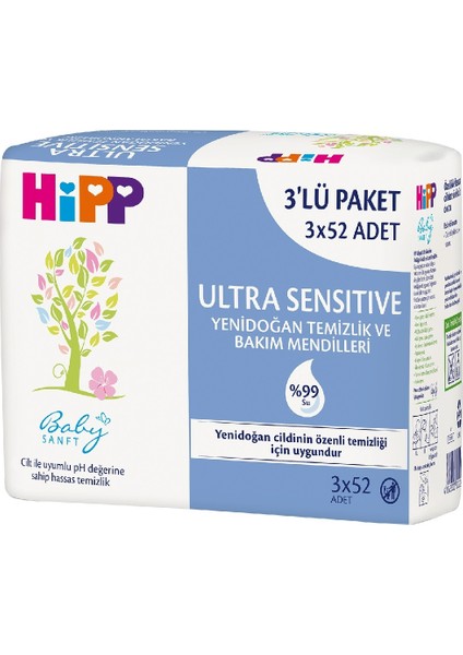 Ultra Sensitive Yenidoğan Temizlik ve Bakım Mendili 3lü 156 Yaprak