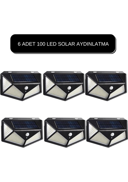 100 Ledli Solar Güneş Enerjili Hareket Sensörlü Bahçe Garaj Ev Aydınlatma Lambası 6 Adet