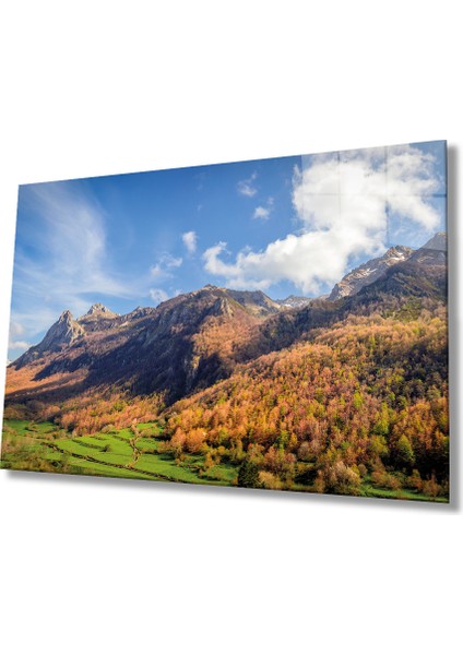 Yeşil Ağaçlı Dağ Manzarası ve Gökyüzü Cam Tablo, Ev ve Ofis Duvar Dekoru, Hediyelik Büyük Cam Tablo