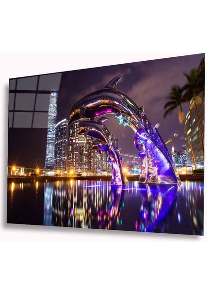 Işıklı Yunuslar Cam Tablo 4mm Dayanıklı Temperli Cam