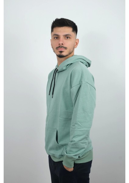 Erkek Kapüşonlu ve Önden Cepli Düz Polar Sweatshirt Turkuaz fiyatları