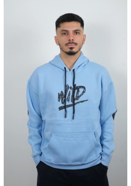Erkek Kapüşonlu Polar Sweatshirt Wid Açık Mavi