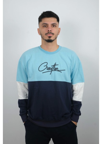 Erkek Sıfır Yaka Çizgili Sweatshirt Creattion Turkuaz