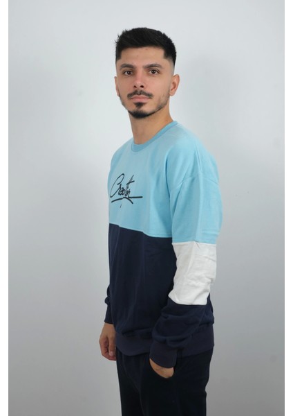 Erkek Sıfır Yaka Çizgili Sweatshirt Creattion Turkuaz fiyatları