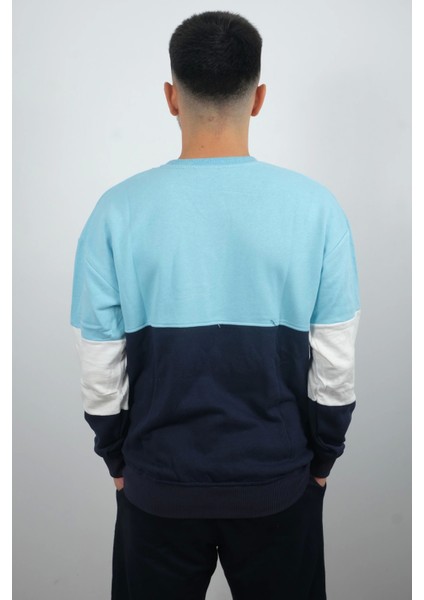 Erkek Sıfır Yaka Çizgili Sweatshirt Creattion Turkuaz modelleri