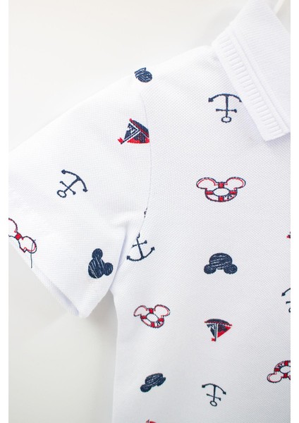Polo Yaka Denizci Mickey Desenli Beyaz Renk Erkek Çocuk Tişört- Dar Kalıp modelleri