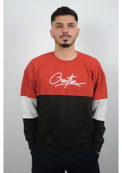 Erkek Sıfır Yaka Çizgili Sweatshirt Creattion Turuncu