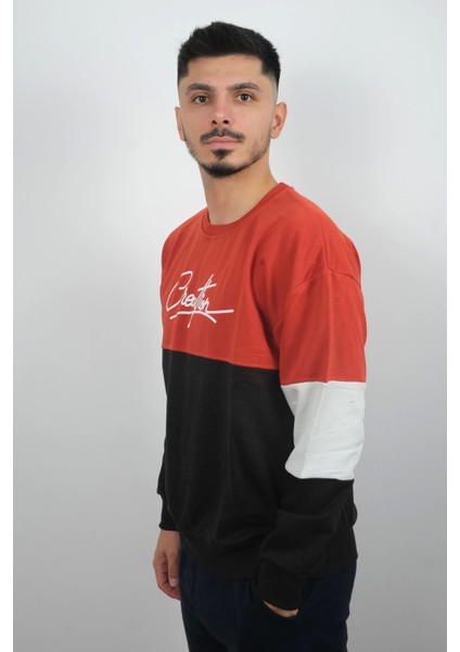 Erkek Sıfır Yaka Çizgili Sweatshirt Creattion Turuncu fiyatları