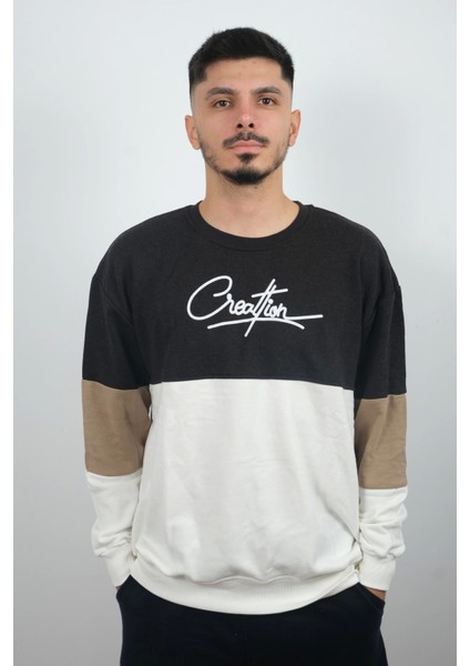 Erkek Sıfır Yaka Çizgili Sweatshirt Creattion Füme