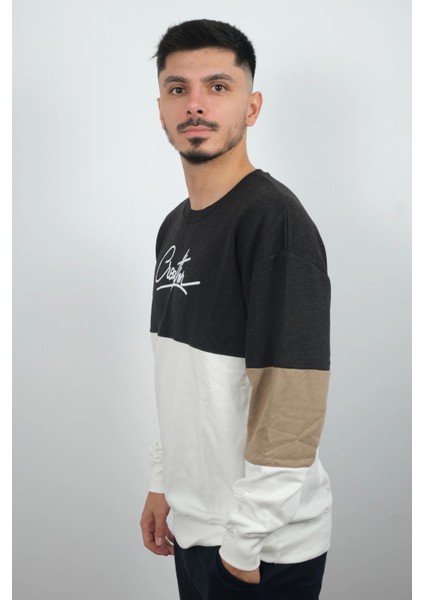 Erkek Sıfır Yaka Çizgili Sweatshirt Creattion Füme