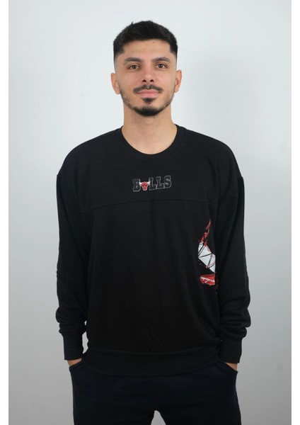 Erkek Sıfır Yaka Bulls Sweatshirt Siyah