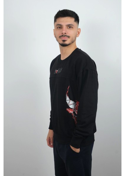 Erkek Sıfır Yaka Bulls Sweatshirt Siyah