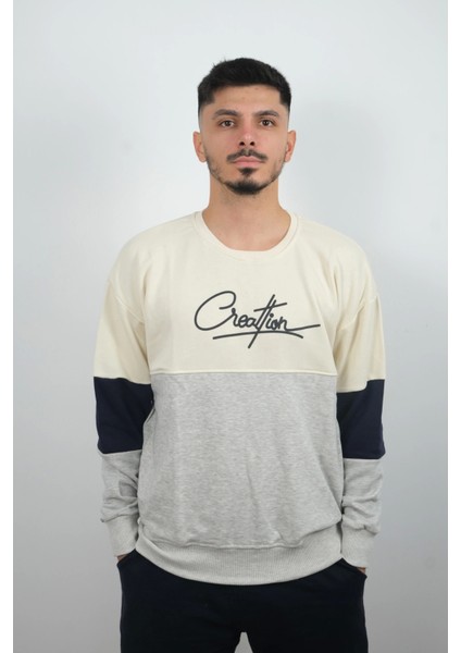 Erkek Sıfır Yaka Çizgili Sweatshirt Creattion Krem