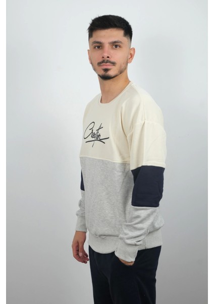 Erkek Sıfır Yaka Çizgili Sweatshirt Creattion Krem