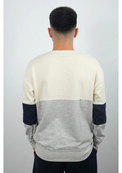 Erkek Sıfır Yaka Çizgili Sweatshirt Creattion Krem