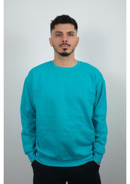 Erkek Sıfır Yaka Düz Polar Sweatshirt Turkuaz