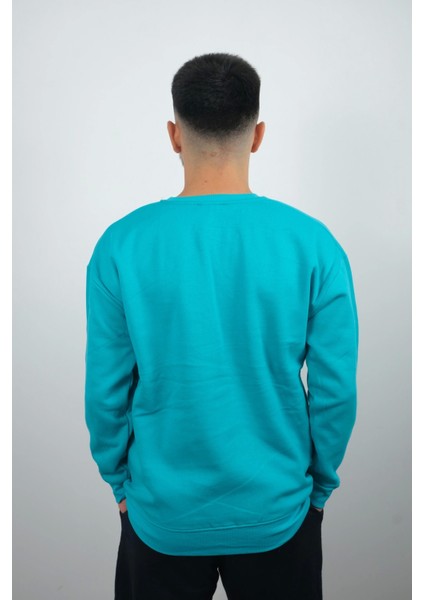 Erkek Sıfır Yaka Düz Polar Sweatshirt Turkuaz