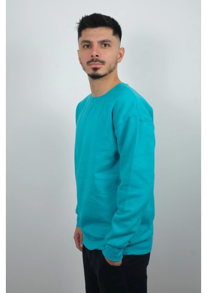 Erkek Sıfır Yaka Düz Polar Sweatshirt Turkuaz fiyatları