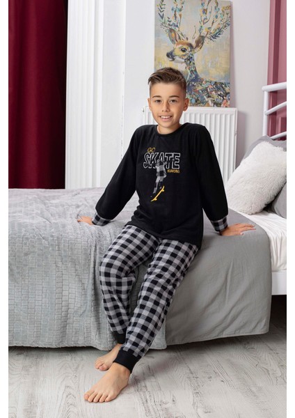 Yeni Sezon Sonbahar/kış Erkek Çocuk Skate Desenli Polar Pijama Takımı 4515