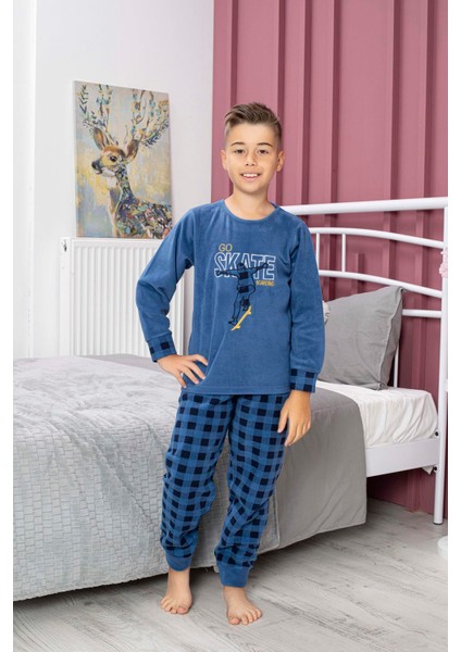 Yeni Sezon Sonbahar/kış Erkek Çocuk Skate Desenli Polar Pijama Takımı 4515