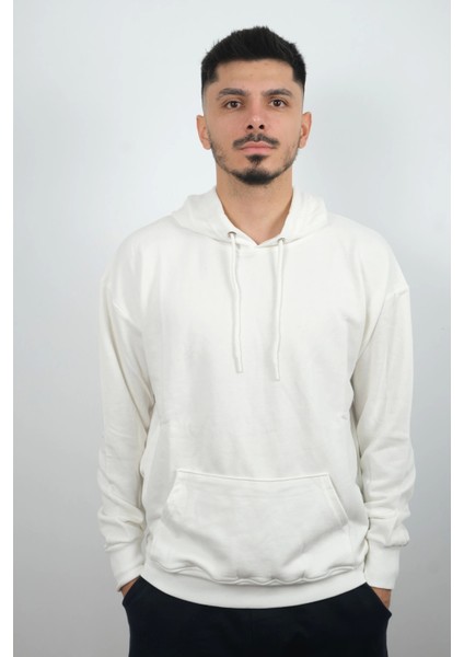 Erkek Kapüşonlu ve Önden Cepli Düz Polar Sweatshirt Ekru