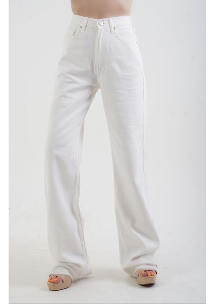 Ekru Geniş Paça Denim Pantolon