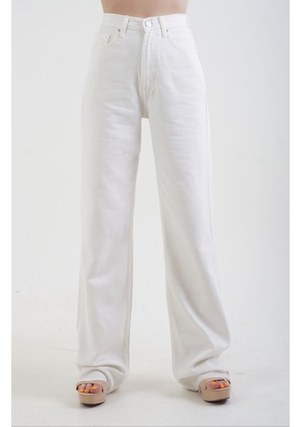 Ekru Geniş Paça Denim Pantolon