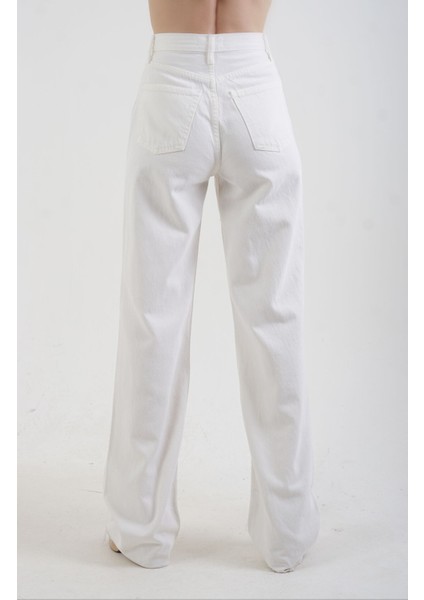Ekru Geniş Paça Denim Pantolon